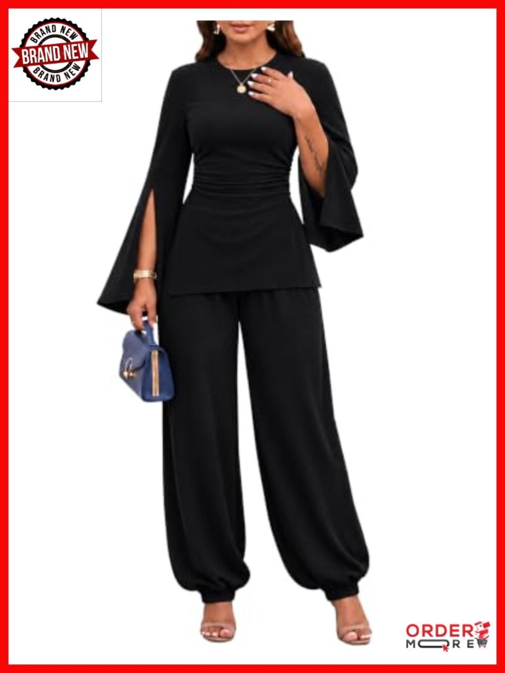 AGSEEM Women's 2 Piece Set Long Sleeve Ruched Top Balloon Pants